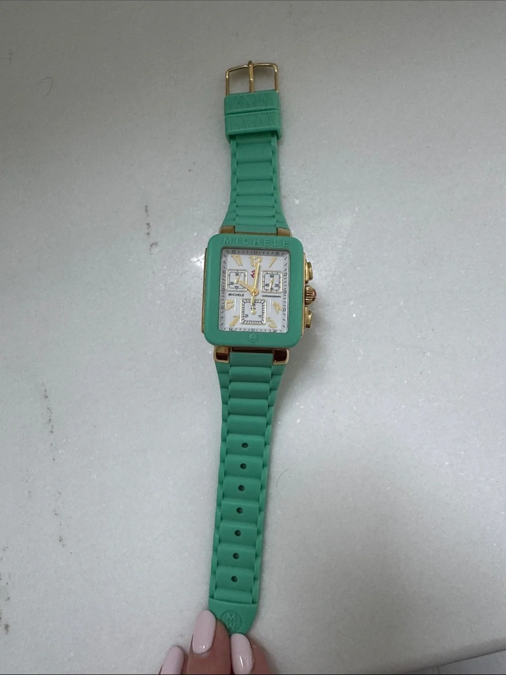 Michele Mint Green Silicone Strap Square Chronograph Watch with Gold Accents